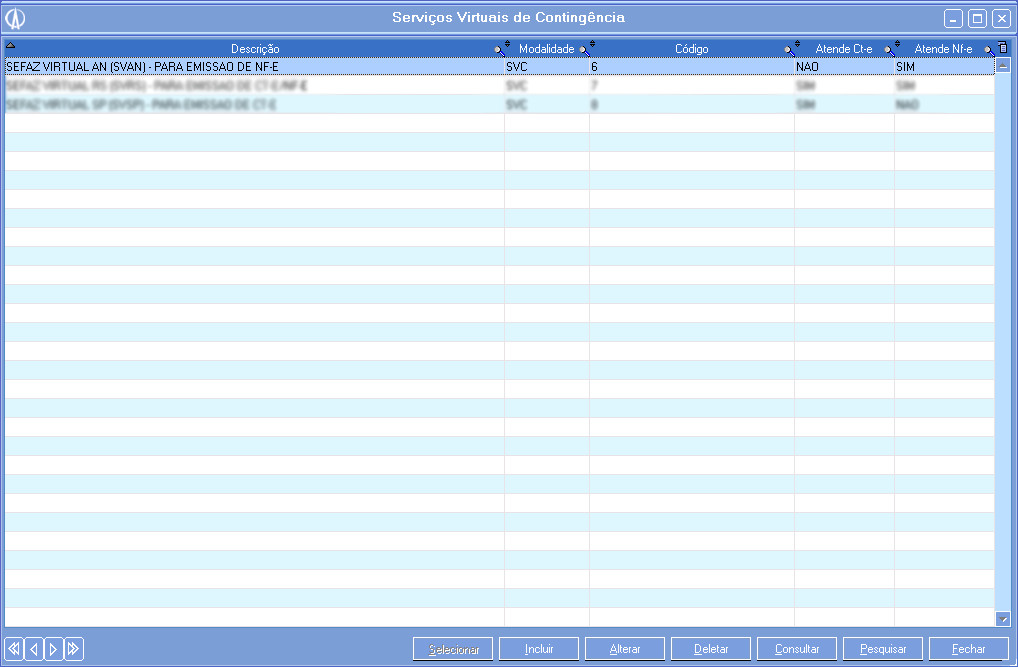 Tela Serviços Virtuais de Contingência.