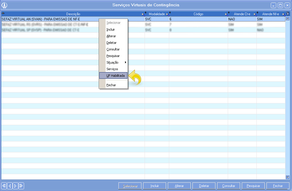 Tela Serviços Virtuais de Contingência.