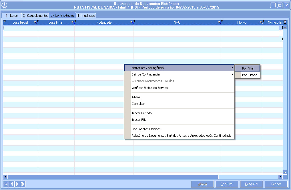 Tela Gerenciador de Documento Eletrônico, aba 3 – Contingência.