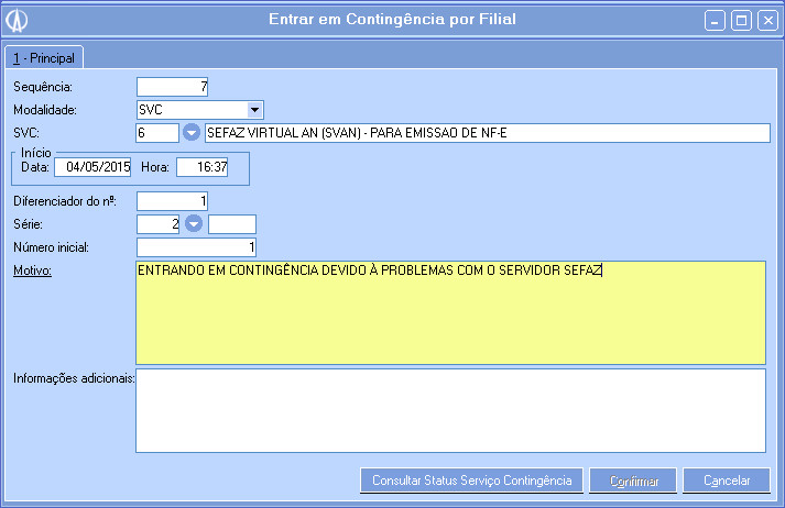 Entrar em contingência por Filial
