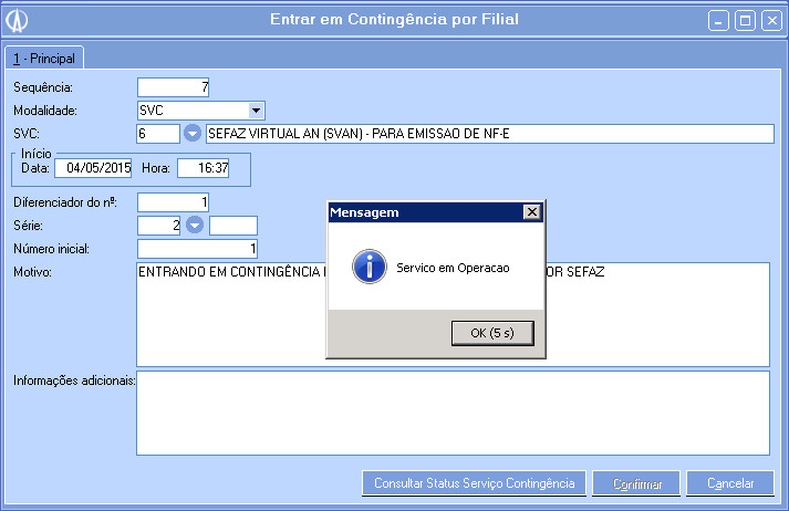 Mensagem de Serviço em Operação
