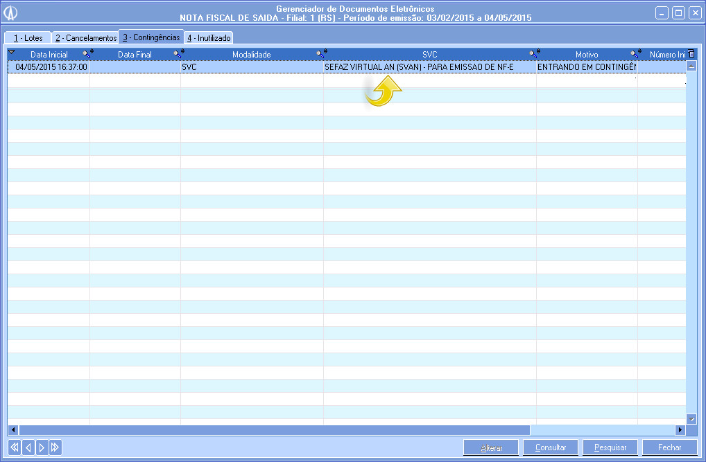 Exibição do serviço de contingência