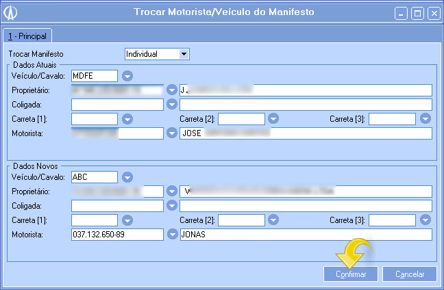 Alterando Veículo e Motorista do Manifesto impresso