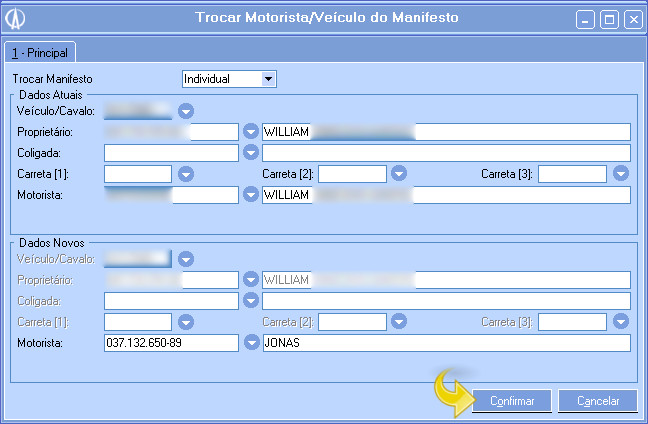 Alterando somente o motorista